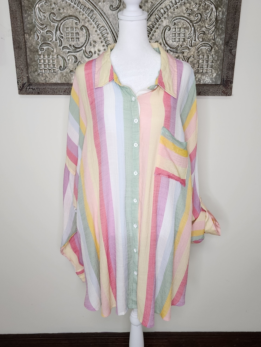 Torrid Pastel Multicolor Striped Button-Up Tunic Blouse Sz 4 Light & Breezy